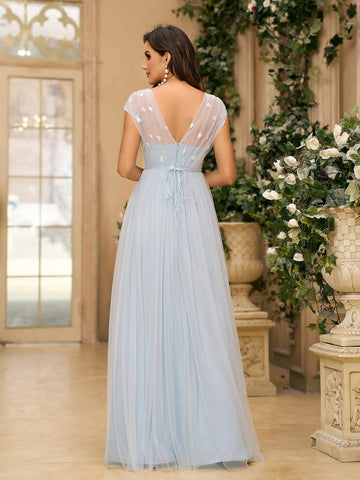 Elegant And Conservative Women Smoke Blue Sequined Embroidered Mesh Fabric Patchwork Dress, V-Neckline With Batwing Sleeves And Strap Decorated Waist Belt, Bow-Tied Mesh Layered Flared Skirt, Perfect For Bridesmaid Dress And Formal Events