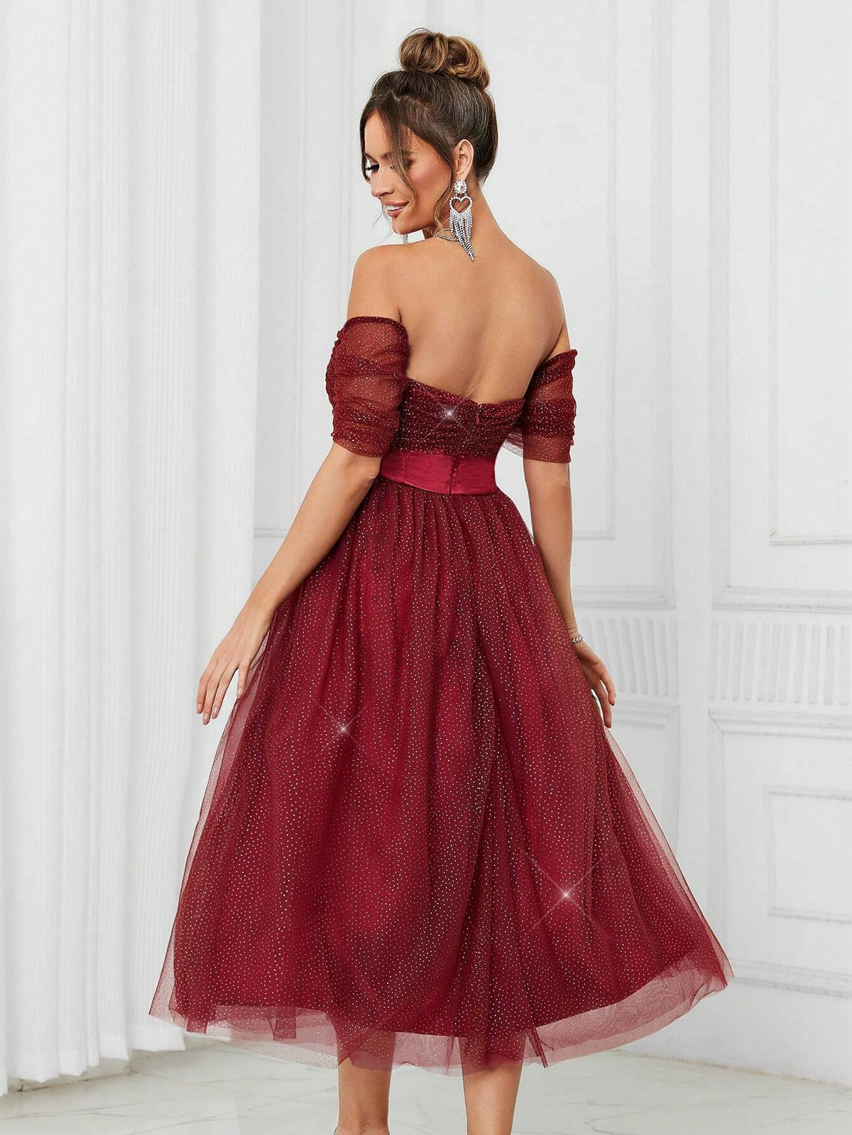 Elegant And Cute Women's Fine Glitter Mesh Fabric And Satin Spliced Off-Shoulder High Waist Front Chest Pleated Decoration Volume Umbrella Puffy Princess Red Prom Cocktail Party Dress