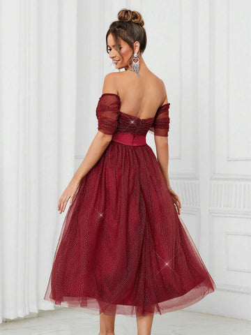 Elegant And Cute Women's Fine Glitter Mesh Fabric And Satin Spliced Off-Shoulder High Waist Front Chest Pleated Decoration Volume Umbrella Puffy Princess Red Prom Cocktail Party Dress