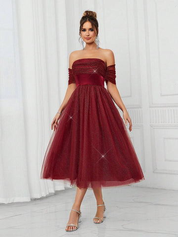 Elegant And Cute Women's Fine Glitter Mesh Fabric And Satin Spliced Off-Shoulder High Waist Front Chest Pleated Decoration Volume Umbrella Puffy Princess Red Prom Cocktail Party Dress