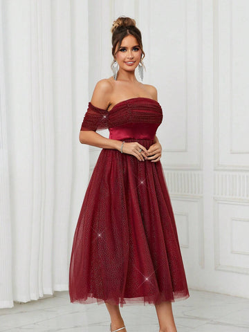 Elegant And Cute Women's Fine Glitter Mesh Fabric And Satin Spliced Off-Shoulder High Waist Front Chest Pleated Decoration Volume Umbrella Puffy Princess Red Prom Cocktail Party Dress