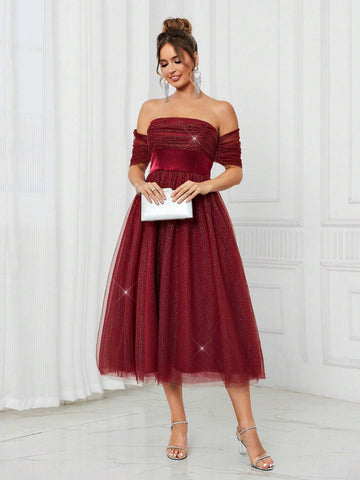 Elegant And Cute Women's Fine Glitter Mesh Fabric And Satin Spliced Off-Shoulder High Waist Front Chest Pleated Decoration Volume Umbrella Puffy Princess Red Prom Cocktail Party Dress