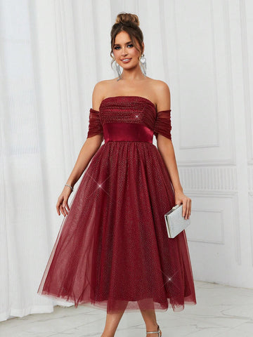 Elegant And Cute Women's Fine Glitter Mesh Fabric And Satin Spliced Off-Shoulder High Waist Front Chest Pleated Decoration Volume Umbrella Puffy Princess Red Prom Cocktail Party Dress