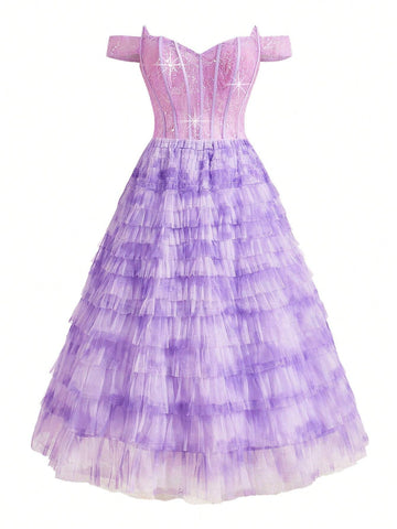 Elegant And Cute Women's One-Shoulder Fishbone Corset Sequin Stitching Layered Umbrella Hem Cake Tie-Dye Mesh Cocktail Dress