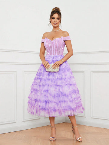 Elegant And Cute Women's One-Shoulder Fishbone Corset Sequin Stitching Layered Umbrella Hem Cake Tie-Dye Mesh Cocktail Dress