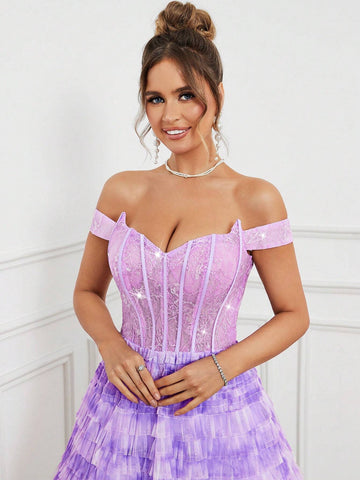 Elegant And Cute Women's One-Shoulder Fishbone Corset Sequin Stitching Layered Umbrella Hem Cake Tie-Dye Mesh Cocktail Dress