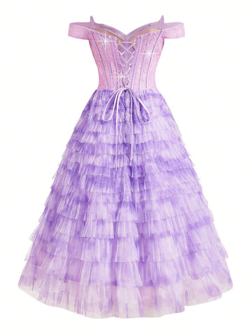 Elegant And Cute Women's One-Shoulder Fishbone Corset Sequin Stitching Layered Umbrella Hem Cake Tie-Dye Mesh Cocktail Dress