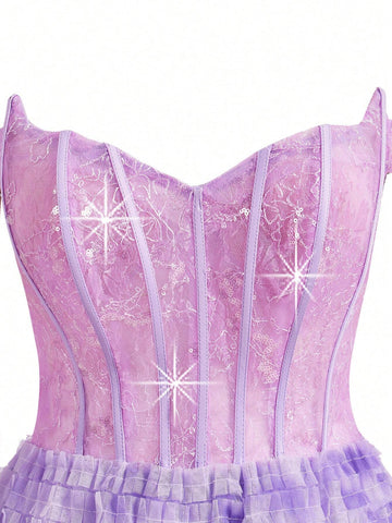 Elegant And Cute Women's One-Shoulder Fishbone Corset Sequin Stitching Layered Umbrella Hem Cake Tie-Dye Mesh Cocktail Dress