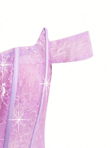 Elegant And Cute Women's One-Shoulder Fishbone Corset Sequin Stitching Layered Umbrella Hem Cake Tie-Dye Mesh Cocktail Dress