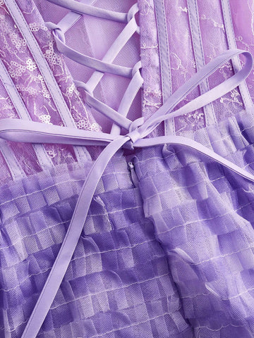 Elegant And Cute Women's One-Shoulder Fishbone Corset Sequin Stitching Layered Umbrella Hem Cake Tie-Dye Mesh Cocktail Dress