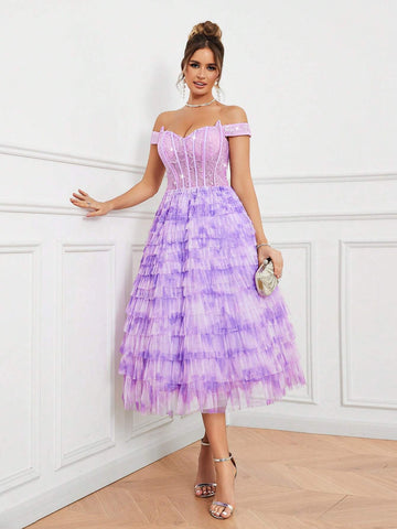 Elegant And Cute Women's One-Shoulder Fishbone Corset Sequin Stitching Layered Umbrella Hem Cake Tie-Dye Mesh Cocktail Dress