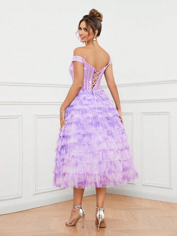 Elegant And Cute Women's One-Shoulder Fishbone Corset Sequin Stitching Layered Umbrella Hem Cake Tie-Dye Mesh Cocktail Dress