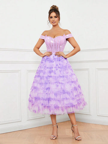 Elegant And Cute Women's One-Shoulder Fishbone Corset Sequin Stitching Layered Umbrella Hem Cake Tie-Dye Mesh Cocktail Dress