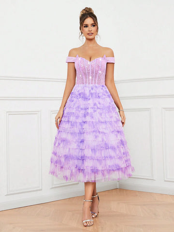 Elegant And Cute Women's One-Shoulder Fishbone Corset Sequin Stitching Layered Umbrella Hem Cake Tie-Dye Mesh Cocktail Dress