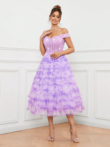 Elegant And Cute Women's One-Shoulder Fishbone Corset Sequin Stitching Layered Umbrella Hem Cake Tie-Dye Mesh Cocktail Dress