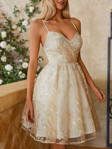 Elegant And Cute Yellow Sparkly Camisole With Lace-Up Front Cross-Over A-Line Evening Gown With Lace-Up Details Tutu. Suitable For Women's Holiday Wedding Holiday Vacation Reception Graduation Season Cocktail Party Dress.