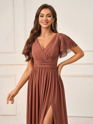 Elegant And Dignified Deep Persimmon Lace Splicing Chiffon Fabric Irregular Ruffle Sleeves Gathered High Side Slits To The Thigh Suitable For Wedding Events Formal Bridesmaid Dresses