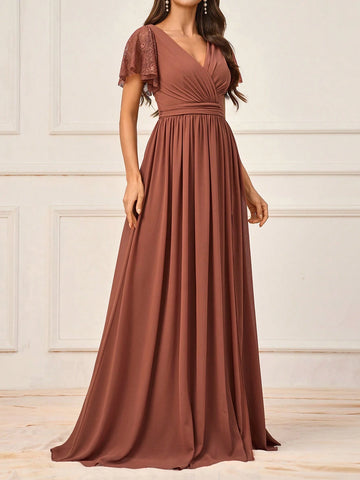 Elegant And Dignified Deep Persimmon Lace Splicing Chiffon Fabric Irregular Ruffle Sleeves Gathered High Side Slits To The Thigh Suitable For Wedding Events Formal Bridesmaid Dresses