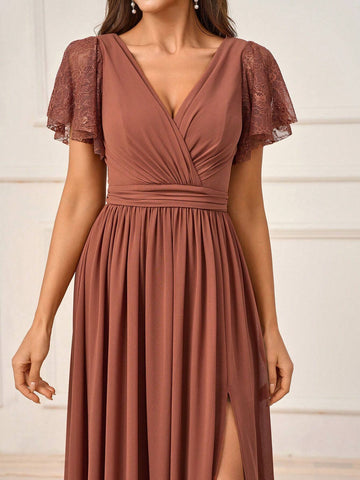 Elegant And Dignified Deep Persimmon Lace Splicing Chiffon Fabric Irregular Ruffle Sleeves Gathered High Side Slits To The Thigh Suitable For Wedding Events Formal Bridesmaid Dresses