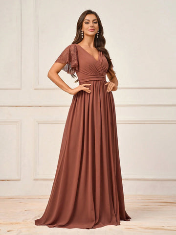 Elegant And Dignified Deep Persimmon Lace Splicing Chiffon Fabric Irregular Ruffle Sleeves Gathered High Side Slits To The Thigh Suitable For Wedding Events Formal Bridesmaid Dresses