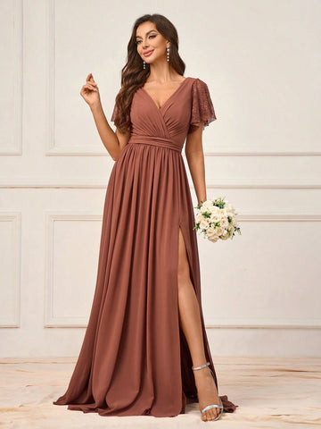 Elegant And Dignified Deep Persimmon Lace Splicing Chiffon Fabric Irregular Ruffle Sleeves Gathered High Side Slits To The Thigh Suitable For Wedding Events Formal Bridesmaid Dresses