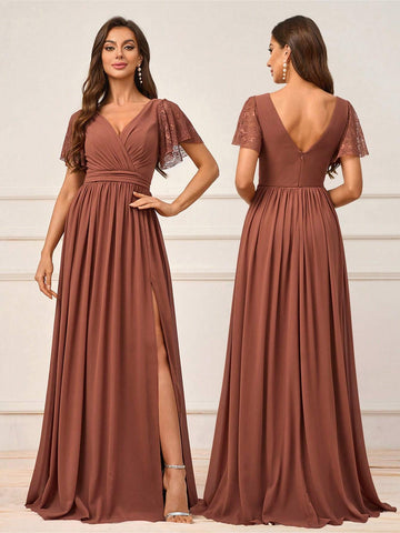 Elegant And Dignified Deep Persimmon Lace Splicing Chiffon Fabric Irregular Ruffle Sleeves Gathered High Side Slits To The Thigh Suitable For Wedding Events Formal Bridesmaid Dresses