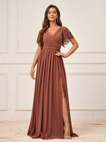Elegant And Dignified Deep Persimmon Lace Splicing Chiffon Fabric Irregular Ruffle Sleeves Gathered High Side Slits To The Thigh Suitable For Wedding Events Formal Bridesmaid Dresses