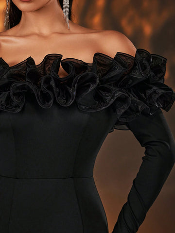 Elegant And Elegant Black Exaggerated Mesh Three-Dimensional Pleated One-Shoulder Long-Sleeved High-Waist Slim Fishtail Tail Suitable For All Formal Occasions Dating Bachelor Party Wedding Event Heavy Industry Dinner Party Gown