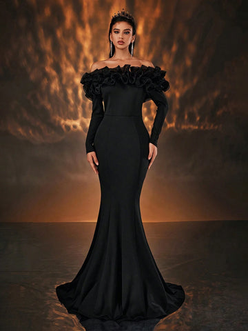 Elegant And Elegant Black Exaggerated Mesh Three-Dimensional Pleated One-Shoulder Long-Sleeved High-Waist Slim Fishtail Tail Suitable For All Formal Occasions Dating Bachelor Party Wedding Event Heavy Industry Dinner Party Gown