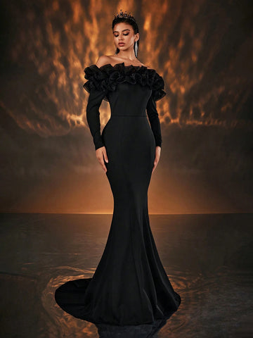 Elegant And Elegant Black Exaggerated Mesh Three-Dimensional Pleated One-Shoulder Long-Sleeved High-Waist Slim Fishtail Tail Suitable For All Formal Occasions Dating Bachelor Party Wedding Event Heavy Industry Dinner Party Gown