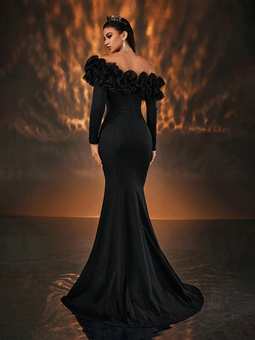 Elegant And Elegant Black Exaggerated Mesh Three-Dimensional Pleated One-Shoulder Long-Sleeved High-Waist Slim Fishtail Tail Suitable For All Formal Occasions Dating Bachelor Party Wedding Event Heavy Industry Dinner Party Gown