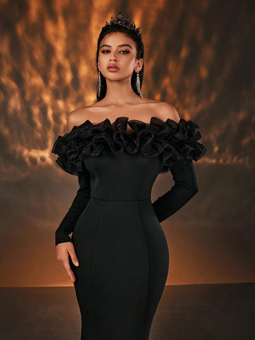 Elegant And Elegant Black Exaggerated Mesh Three-Dimensional Pleated One-Shoulder Long-Sleeved High-Waist Slim Fishtail Tail Suitable For All Formal Occasions Dating Bachelor Party Wedding Event Heavy Industry Dinner Party Gown