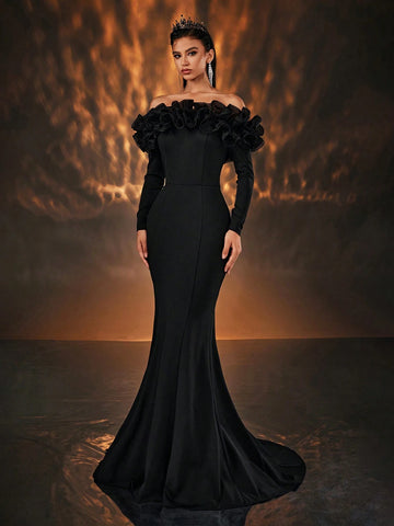 Elegant And Elegant Black Exaggerated Mesh Three-Dimensional Pleated One-Shoulder Long-Sleeved High-Waist Slim Fishtail Tail Suitable For All Formal Occasions Dating Bachelor Party Wedding Event Heavy Industry Dinner Party Gown