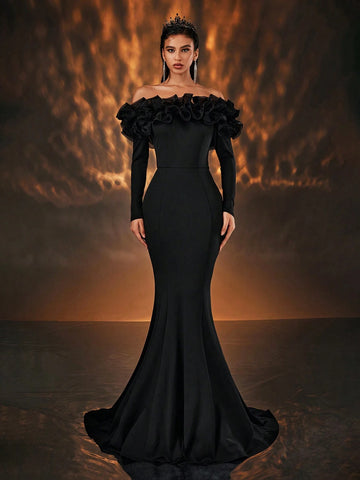 Elegant And Elegant Black Exaggerated Mesh Three-Dimensional Pleated One-Shoulder Long-Sleeved High-Waist Slim Fishtail Tail Suitable For All Formal Occasions Dating Bachelor Party Wedding Event Heavy Industry Dinner Party Gown