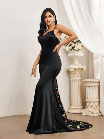 Elegant And Elegant Black Suspender V-Neck Mesh Custom Bra Cup High Waist Slim  Event Ladies Dinner Ball Dress (Heavyweight Industry Model)
