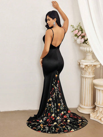 Elegant And Elegant Black Suspender V-Neck Mesh Custom Bra Cup High Waist Slim  Event Ladies Dinner Ball Dress (Heavyweight Industry Model)