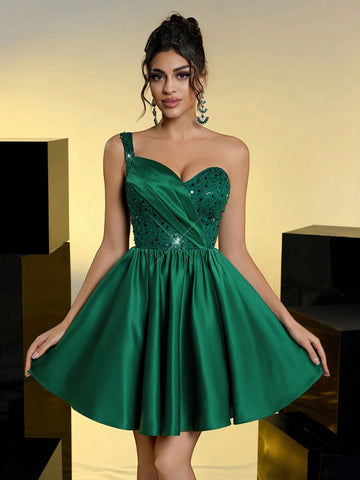 Elegant And Fashionable Dark Green Sequin Cut Satin One-Shoulder Pleated Bubble Skirt Suitable For Evening Bachelorette Party, Date, Birthday, Back-To-School Season, Prom Dress
