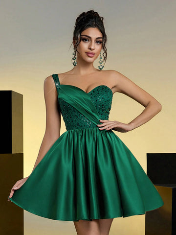 Elegant And Fashionable Dark Green Sequin Cut Satin One-Shoulder Pleated Bubble Skirt Suitable For Evening Bachelorette Party, Date, Birthday, Back-To-School Season, Prom Dress