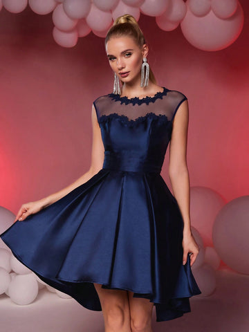 Elegant And Glamorous Deep Blue Neck Lace Floral Sexy Backless Fold Pleated Dress, Suitable For Weddings, Parties, Vacation, Graduation, Prom Dresses, Homecoming Dress