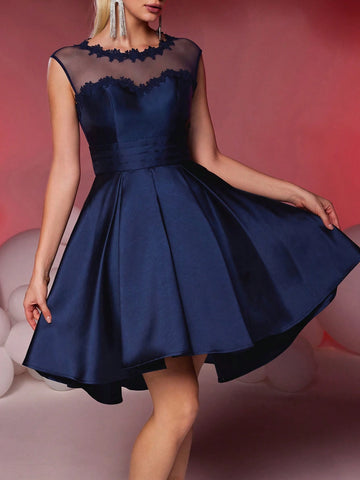 Elegant And Glamorous Deep Blue Neck Lace Floral Sexy Backless Fold Pleated Dress, Suitable For Weddings, Parties, Vacation, Graduation, Prom Dresses, Homecoming Dress