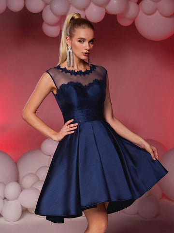Elegant And Glamorous Deep Blue Neck Lace Floral Sexy Backless Fold Pleated Dress, Suitable For Weddings, Parties, Vacation, Graduation, Prom Dresses, Homecoming Dress