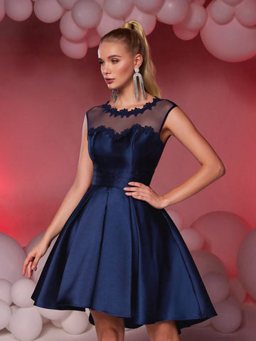 Elegant And Glamorous Deep Blue Neck Lace Floral Sexy Backless Fold Pleated Dress, Suitable For Weddings, Parties, Vacation, Graduation, Prom Dresses, Homecoming Dress