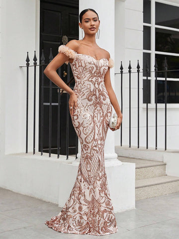 Elegant And Gorgeous Apricot Sexy One-Shoulder Luxury Off-Shoulder Sleeves 3D Floral Floral Beaded Sequin High Waist Tight Mermaid Dress Suitable For Wedding Holiday Party Ramadan Holiday Graduation Season Dress Evening Dress
