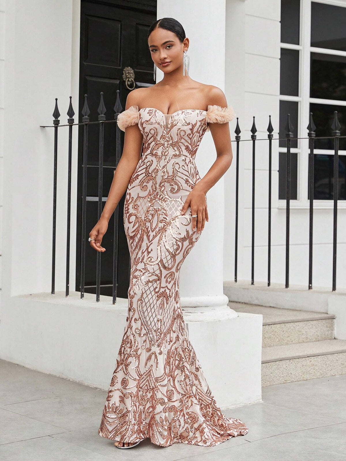 Elegant And Gorgeous Apricot Sexy One-Shoulder Luxury Off-Shoulder Sleeves 3D Floral Floral Beaded Sequin High Waist Tight Mermaid Dress Suitable For Wedding Holiday Party Ramadan Holiday Graduation Season Dress Evening Dress