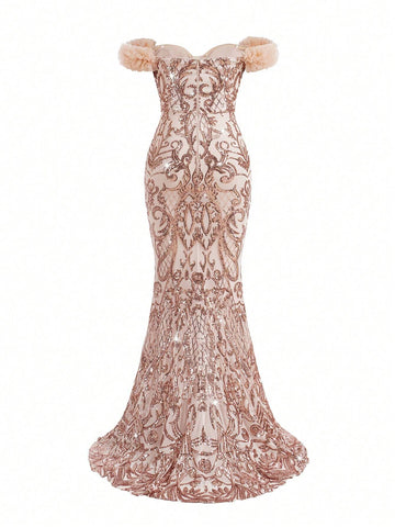 Elegant And Gorgeous Apricot Sexy One-Shoulder Luxury Off-Shoulder Sleeves 3D Floral Floral Beaded Sequin High Waist Tight Mermaid Dress Suitable For Wedding Holiday Party Ramadan Holiday Graduation Season Dress Evening Dress