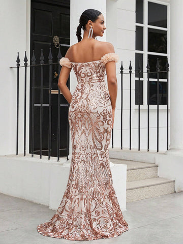 Elegant And Gorgeous Apricot Sexy One-Shoulder Luxury Off-Shoulder Sleeves 3D Floral Floral Beaded Sequin High Waist Tight Mermaid Dress Suitable For Wedding Holiday Party Ramadan Holiday Graduation Season Dress Evening Dress