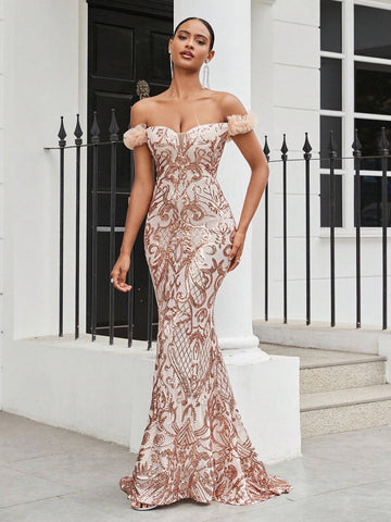 Elegant And Gorgeous Apricot Sexy One-Shoulder Luxury Off-Shoulder Sleeves 3D Floral Floral Beaded Sequin High Waist Tight Mermaid Dress Suitable For Wedding Holiday Party Ramadan Holiday Graduation Season Dress Evening Dress