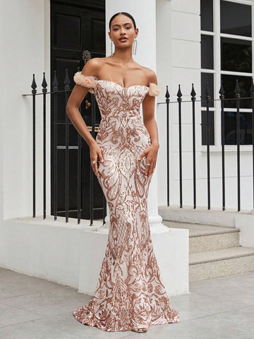 Elegant And Gorgeous Apricot Sexy One-Shoulder Luxury Off-Shoulder Sleeves 3D Floral Floral Beaded Sequin High Waist Tight Mermaid Dress Suitable For Wedding Holiday Party Ramadan Holiday Graduation Season Dress Evening Dress