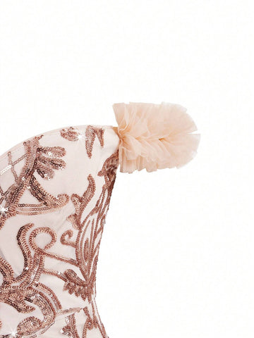 Elegant And Gorgeous Apricot Sexy One-Shoulder Luxury Off-Shoulder Sleeves 3D Floral Floral Beaded Sequin High Waist Tight Mermaid Dress Suitable For Wedding Holiday Party Ramadan Holiday Graduation Season Dress Evening Dress