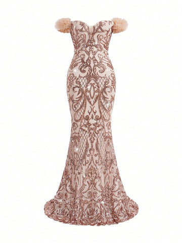 Elegant And Gorgeous Apricot Sexy One-Shoulder Luxury Off-Shoulder Sleeves 3D Floral Floral Beaded Sequin High Waist Tight Mermaid Dress Suitable For Wedding Holiday Party Ramadan Holiday Graduation Season Dress Evening Dress